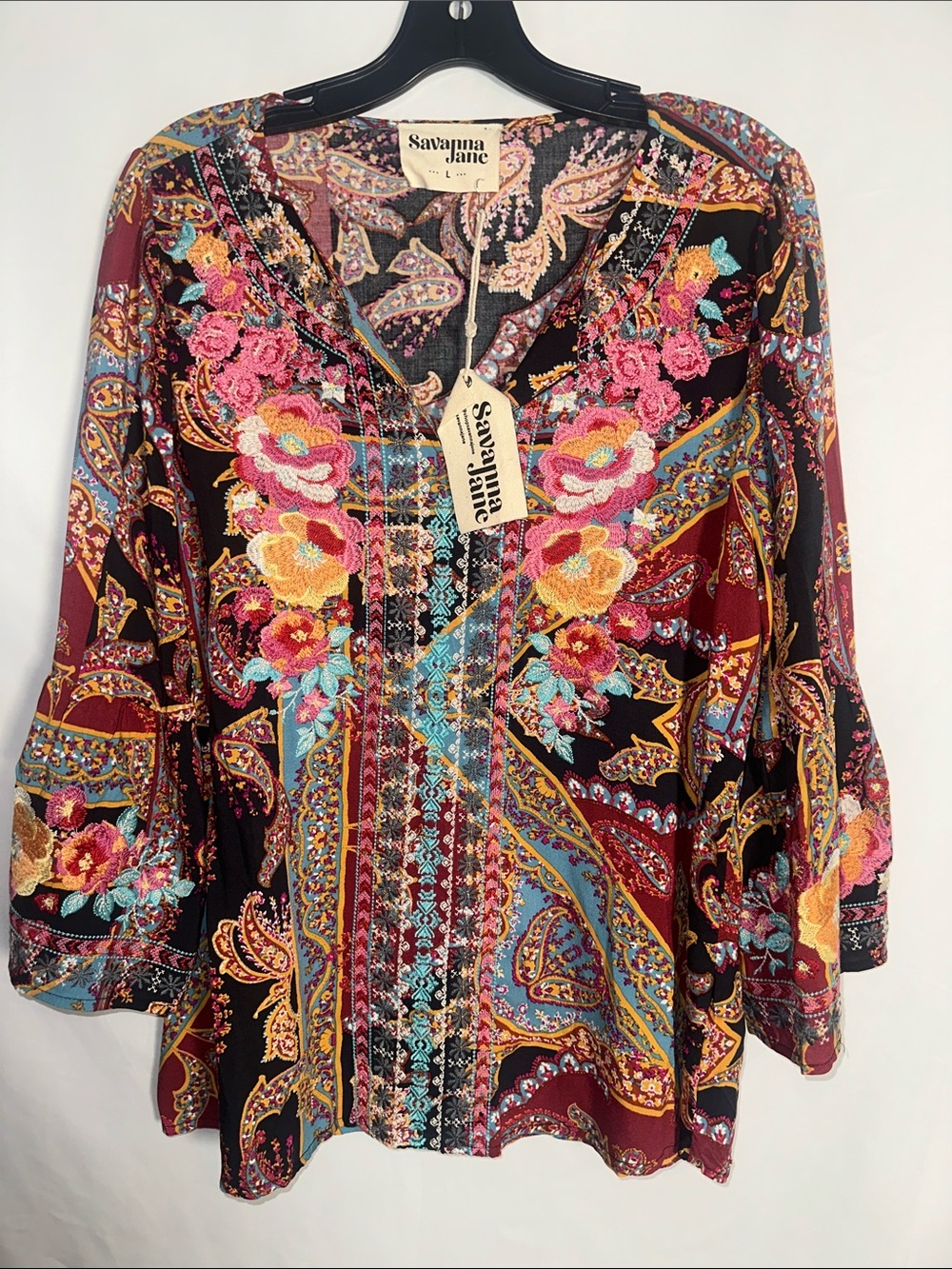 Savanna Jane Burgundy Floral Paisley Embroidered V-Neck Tunic